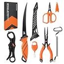 KastKing SteelStream 6pc Fishing Tool Kit - Corrosion Resistant Fishing Pliers with Lanyard, Fillet Knife, Floating Fish Lip Gripper, Fishing Braid Scissors, Tool Retractor, Fishing Gifts for Men