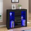 Cabinet Cupboard Sideboard TV Unit Matt Body and High Gloss Doors + LED Light Display Cabinet Storage Unit for Living Room Bedroom (Black)