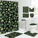 MEHOFOND 4pcs St. Patrick's Day Shower Curtain Set with Non-Slip Rugs Toilet Lid Cover and Bath Mat Shamrock Bathroom Shower Curtain Set Irish Lucky Clover Black and Green Set for Bathroom Decor