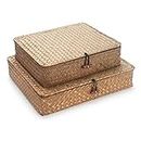 Seagrass Storage Box with Lids Rectangular Organization Wicker Shelf Baskets Natural Woven Stackable Set of 2 (Large+Small)