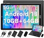 2024 Newest Tablet 10'' Android 13 10GB RAM+64GB ROM (TF 1TB), WiFi 5G+BT 5.0, GPS, OTG, Type-C, 6000mAh, 8MP+5MP, with Case, Keyboard & Mouse, Black