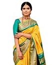 Silk Saree South Indian Yellow Silk Saree Blue Border With Blouse For Women And Use Also Godwal Pattu Sari By FLOW CREATION. (Unstitched Blouse)