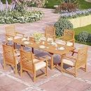 PHI VILLA 7 PCS Acacia Wood Outdoor Dining Set for 6, Expandable Teak Wooden Table & Dining Chairs with Cushions, Farmhouse Dining Furniture Set for Patio, Deck, Yard