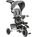 Aosom 6-in-1 Toddler Tricycle for 12-50 Months, Foldable Kids Trike with Adjustable Seat and Push Handle, Safety Harness, Removable Canopy, Footrest, Grey