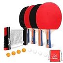 FBSPORT Ping Pong Paddle Set with Retractable Net (Table Top Ping Pong Net) and Backpack, Table Tennis Racket Set for Indoor/Outdoor Games for Any Table (4-Player Set)