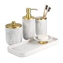 Bathroom Soap Dispenser Set - Bathroom Toothbrush Holder Set, Marble, Gold, Farmhouse Bathroom Decor, 5 Piece Bathroom Accessories Set