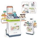 Fegalop 47 PCS Cash Supermarket Playset Shopping Mobile Cart for Kids Grocery Store Pretend Play Money, Scanner, Credit Card, Conveyors,Calculator and Play Food for Toddlers, Boys, and Girls