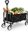 Folding Wagon, Collapsible Wagon Garden Cart Heavy Duty with All-Terrain Wheels, Outdoor Utility Foldable Beach Wagon for Camping Shopping Sports (1 Year Warranty)
