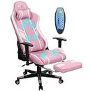 Massage Gaming Chair 7-Point, Office Chair with Footrest and Lumbar Support, Adjustable Seat Height Ergonomic, Thickened and Widened Cushions Backrest, 175° Reclining Max, Pink