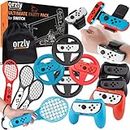 Orzly Sports Family Party Pack Accessories Bundle designed for Nintendo Switch and OLED Console Games with Tennis Badminton Rackets, Controller Grips, Wheels & Wrist Dance Bands - With Carry sack