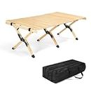 VINGLI 4ft Portable Picnic Table, Folding Wooden Camping Table with Bag, Height Adjustable Rolling Table for Outdoor& Indoor, Beach, Patio, Yard, Apartment Floor (Natural Wood) …