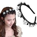 LYKAA Stylish Braided Double Layer Twist Plait Plastic Headband with Elegant Flower Alligator Clips Chic Pearls and Rhinestones Hair Accessories For Women Girls (Pack of 1)