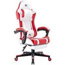 HLDIRECT Gaming Chair, Video Game Chair, Gamer Computer Chair, Ergonomic Gaming Chairs for Adults with Headrest and Lumbar Support, Swivel PU Leather Office Chair, White & Red