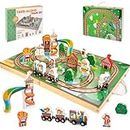 JUSTWOOD 15-Piece Wooden Take-Along Tabletop Railroad with Magnetic Train Set, Truck, Wooden Train Sets for Kids Age 2 3 4 5 6, for 3-5 Years Old Boys and Girls