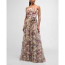 Strapless Floral-print Ruffle Gown