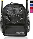 Athletico Youth Baseball Bag - Bat Backpack for Baseball, T-Ball & Softball Equipment & Gear | Holds Bat, Helmet, Glove | Fence Hook (Black)