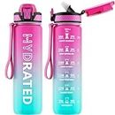 QLUR Water Bottle with Straw, 32 oz Motivational Water Bottles with Time Marker to Drink, Tritan BPA Free, 1L Sports Water Bottle with Carry Strap LeakProof for Women Gym Fitness Outdoor (1 Pack)