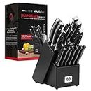 15-Piece Premium Kitchen Knife Set with Wooden Block | Master Maison German Stainless Steel Cutlery Set with Knife Sharpener & 6 Steak Knives (Black)