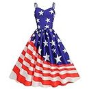 AMDOLE Dresses for Fat Stomach Independence Day Female Summer Sexy Suspender American Flag Print Vintage Large Swing Dress Ladies Sequins Dress (Blue, L)