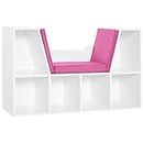 HOMCOM 6-Cubby Kids Bookcase with Seat Cushion, Corner Bookcase with Reading Nook for Playroom, Home Office, Study, Pink