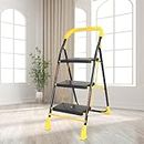 Parasnath 3 Step Yellow Diamond Mild Steel Foldable Ladder for Home - Wide Anti Skid Plastic Step Ladder for Extra Gripping 3.2 FT Ladder - Made in India
