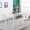 HomeBelongs Modern White Dining Table Set of 4 - Stylish Kitchen Dining Table with Chairs - Rectangular Sleek Space Saving Tempered Glass Top and Metal Frame - Perfect for Bar Table, and Coffee Table