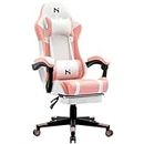 HLDIRECT Gaming Chair, Ergonomic Gaming Chairs for Adults, Video Game Chair with Footrest, Gamer Computer Chair with Highback Headrest and Lumbar Support, Swivel PU Leather Office Chair, White & Pink