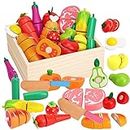 Holicolor 40pcs Wooden Play Food, Pretend Play Food Sets for Kids Kitchen, Cutting Fake Food Toy Educational Play Kitchen Food with Fruits and Vegetables for Toddler Birthday Gift