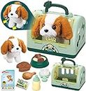 TEUVO Pet Care Play Set Robot Toy Dogs for Kids Pretend Play Vet Feed Stuffed Toys with Electric Interactive Dog Plush & Carrier Case Puppy Toys for Girls Boy 3 4 5 6 7 Years Old Green