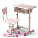 BAYBEE Kids Study Table for Students with Chair, 3 Height Adjustable Desk & Chair, Book Storage Space, Bag Holder Hook, Pen Space Slot | Reading & Writing Study Table for Kids 3 to 12 Years (Pink)