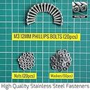 12mm M3 Stainless Steel Phillips Fasteners Nut Bolt & Washer set.