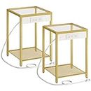 HOOBRO 2-Tier Side Table with Charging Station, Set of 2 End Tables with USB Ports, Nightstand for Tight Spaces, Tempered Glass, Modern Metal Frame, for Office, Bedroom, Living Room, Gold GD76UBZP201