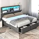 CIKUNASI LED Bed Frame Queen Size with Headboard, Queen Platform Bed Frames with Storage Drawers and Charging Station, Upholstered Bedframe with Lights Shelves, No Box Spring Needed, Dark Grey