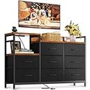 ODK TV Stand with Power Outlet, 52" Long TV Stand with 8 Large Fabric Drawers, Entertainment Center with Open Shelves for 55 Inch TV, Living Room, Vintage and Black