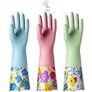 KAQ 3 Pairs Rubber Cleaning Gloves, Reusable Dishwashing Gloves for Kitchen with Cotton Liner, Long Cuff 16", Waterproof Non-Slip Household Gloves for Bleaching Bathroom, Laundry, Gardening (Large)