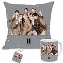 blinkNshop BTS Combo Cushion Cover with Filler (12 X 12 Inch), Coffee Mug and MDF Keychain Gift for Kids Brother Sister