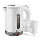 Russell Hobbs Electric 0.85L Travel Kettle, Small & Compact, Dual voltage, Ideal for abroad/caravan/camping, inc 2 cups & spoons, Removable washable anti-scale filter, water windows, 1000W, 23840
