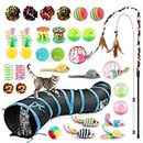 Oziral Cat Toys Set, 32 PCS Kitten Toys Assortments, Including 2 Way Black Tunnel Cat Feather Teaser Wand Sisal Mice Bell Balls Crinkle Balls, Interactive Cat Toys for Indoor Cats Kitten