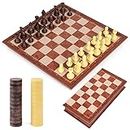 Peradix Chess Set and Draughts Board Games 2 in 1 | Magnetic Chess Checkers Board Toys | Travel Folding Board and Chess Piece for Kids and Adult (25x25cm), Brown