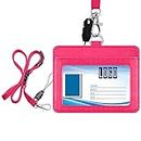 Wisdompro 2-Sided PU Leather ID Badge Holder with 1 ID Window and 1 Card Slot and 1 Piece 23 Inch Adjustable Polyester Detachable Neck Lanyard Strap （Holds 3 to 4 Cards）- Hot Pink (Horizontal)