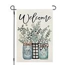 CROWNED BEAUTY Spring Eucalyptus Garden Flag Mason Jar 12x18 Inch Double Sided Small Burlap Farmhouse Home Sweet Home Welcome Flag for Outside Yard