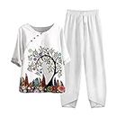 2023 Summer Women 2 Piece Linen Set Outfits Short Sleeve Button Cute Printed Tops With Pant Casual Lounge Beach Set