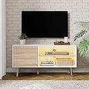 WAMPAT LED Mid Century Modern TV Stand for 50 inch Flat Screen, Wood Entertainment Center with Storage, TV Cabinet in White and Oak for Living Room Bedroom, Yellow Light,42 Inch