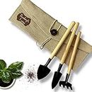 Bombay Greens Mini Gardening Tools Kit for Home Garden | Wooden Handle Garden Tools Set of 3 - Shovel, Spade & Rake in an Eco-Friendly Cloth Pouch