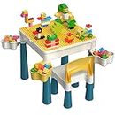 Kids 5-in-1 Multi Activity Table Set - Building Block Table with Storage - Play Table Includes 1 Chair and 130 Pieces Compatible Large Bricks Building Blocks for Ages 2 and Up