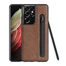 DNGN Designed for Samsung Galaxy S21 Ultra Case Compatible S-Pen Built-in,PU Leather Case Has Pen Storage Holder [Only Case Not Include Pen](Brown)