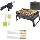 Barbecue Grills - Foldable Charcoal Barbeque Grill With 10 Skewers, 2 Spatula & 1 Air Blower | Outdoor bbq grill tools for Camping Hiking Picnics Traveling - Stellar Black