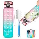 Water Bottle 1L Motivational with Time Marker - Leakproof Tritan BPA-Free - Includes Cleaning Brush - Carry Strap for Fitness, Gym, Daily and Outdoor Sports (Pink & Blue)