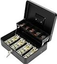 Polspag Cash Box with Lock and 2 Keys, Metal Money Box with Cash Tray, Portable Lock Safe Box, 4 Bill/5 Coin Slots, Large Cash Boxes with Money Tray for Small Business 11.8 x 9.5 x 3.5 Inch, Black