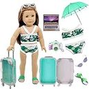 Doll Travel Set Suitcase,Travel Luggage Doll Accessories with Green Suitcase, Camera, Sunglasses, Bikini, Slippers, Notebook, Umbrella for American Girl Dolls